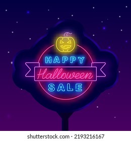 Happy halloween sale neon street billboard. Shiny dusk advertising. Pumpkin icon. Seson special offer. Scary holiday emblem. Light signboard. Vector stock illustration