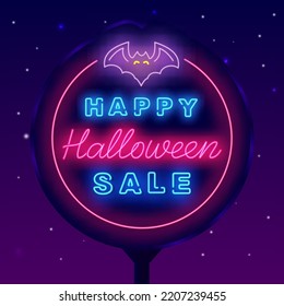 Happy Halloween sale neon street billboard. Circle frame with bat icon. Light advertising. Season special offer. October greeting card for shopping. Shiny poster. Vector stock illustration