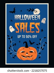 Happy Halloween Sale with night clouds and pumpkins in paper cut style.Full moon, witches cauldron, spiders web and flying bats. Place for text. Brochure background. Eps. 10