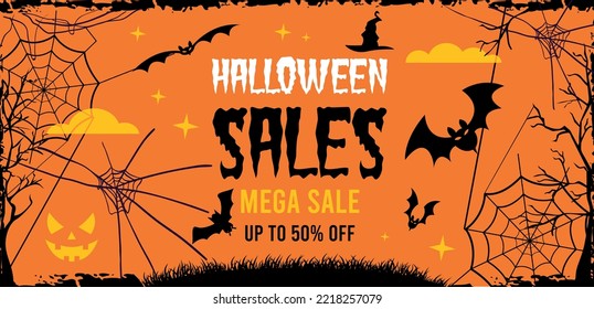 Happy Halloween Sale with night clouds and pumpkins in paper cut style.Full moon, witches cauldron, spiders web and flying bats. Place for text. Brochure background. Eps. 10