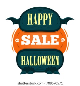 Happy Halloween Sale offer design template. Vector illustration with scary title, with monster legs and wings. Isolated illustration