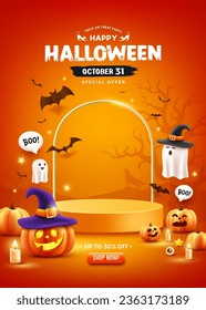 Happy Halloween sale orange podium, pumpkin, ghost, candle, and bat on orange poster flyer design background, Eps 10 vector illustration
