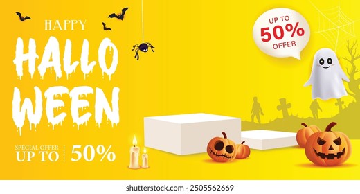 Happy Halloween sale orange podium, pumpkin, ghost, candle, and bat on orange poster flyer design background, Eps 10 vector illustration