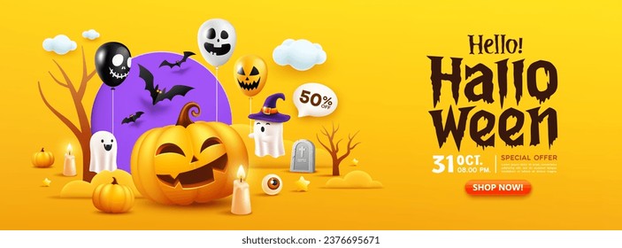 Fröhlicher Halloween-Verkauf, orangefarbenes Kürbislächeln, Fledermausfliegen, Kerze, Geister und buntes Ballonbanner-Design auf gelbem Hintergrund, Eps10 Vektorgrafik
