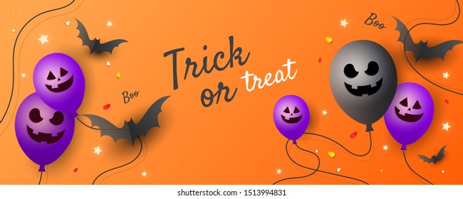 Happy Halloween sale, party invitation, postcard, poster with a scary muzzle balloons, a bat and stars on an orange background. 