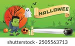 Happy Halloween sale podium, Frankenstein, pumpkin, ghost, candle, and bat on green poster flyer design background, Eps 10 vector illustration