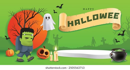 Happy Halloween sale podium, Frankenstein, pumpkin, ghost, candle, and bat on green poster flyer design background, Eps 10 vector illustration