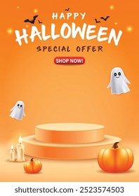 Happy Halloween Sale podiums, pumpkins, bat flying, trees, spider web, poster design on orange background, Eps 10 vector illustration
