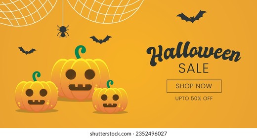 Happy Halloween Sale Post or Banner for Halloween Festival on Orange background with Pumpkins on a Podium, Spiders and Bats. Halloween Sale.