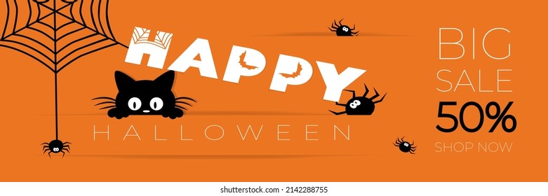 Happy Halloween sale postcard, banner, flyer on orange background with spiders, web, bats and black kitten.