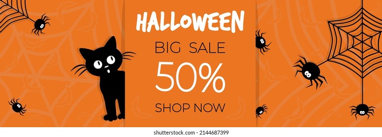 Happy Halloween sale postcard, banner, flyer on orange background with spiders, web, bats and black kitten. Paper cut style.