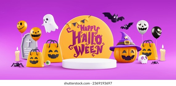 Happy Halloween Sale Poster or banner template with Halloween pumpkins,cute ghost,balloon and shopping bag.Realistic 3d objects in cartoon style.Website spooky or Halloween banner template.