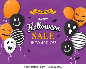 Happy Halloween Sale Poster Design with 50% Discount Offer, Bats Flying and Scary Balloons on Purple Background.