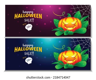 Happy Halloween sale poster party banner flyer with lighting pumpkin  Vector illustration. witch cauldron, spiders web and flying bat. Place for text. Brochure background