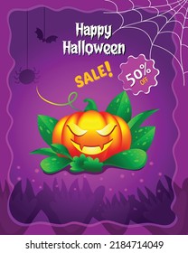 Happy Halloween sale poster party banner flyer with lighting pumpkin  Vector illustration. witch cauldron, spiders web and flying bat. Place for text. Brochure background