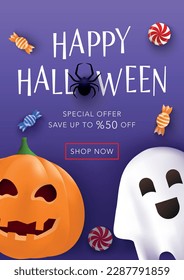Happy Halloween sale poster with pumpkin, ghost, spider and candy. Vector background template for party, discount, banner, invitation, social media, website, greeting cards, promo, brochure, flyer, ad