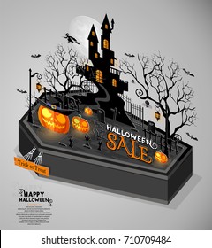 Happy Halloween Sale Poster. Vector illustration in flat design and isometric paper cut pop-up style.