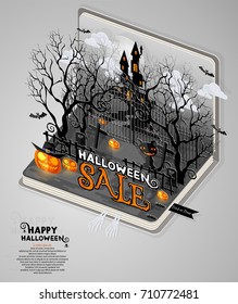 Happy Halloween Sale Poster. Vector illustration in flat design and isometric paper cut pop-up style.