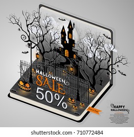 Happy Halloween Sale Poster. Vector illustration in flat design and isometric paper cut pop-up style.