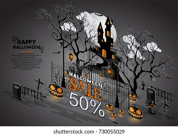 Happy Halloween Sale Poster. Vector illustration in flat design and isometric paper cut pop-up style.