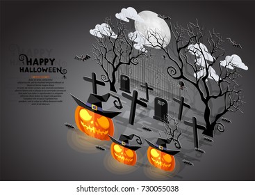 Happy Halloween Sale Poster. Vector illustration in flat design and isometric paper cut pop-up style.