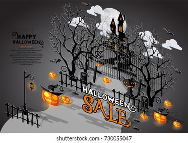 Happy Halloween Sale Poster. Vector illustration in flat design and isometric paper cut pop-up style.