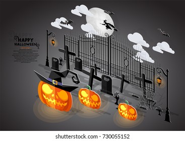 Happy Halloween Sale Poster. Vector illustration in flat design and isometric paper cut pop-up style.