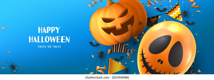 Happy Halloween sale promo banner. Holiday promo banner with spooky balloon, black spiders and bats, scary pumpkin, serpentine and confetti on blue background. Vector illustration.