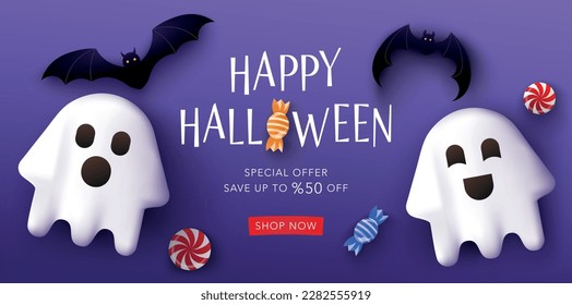 Happy Halloween Sale promo banner with cute ghosts, candy and flying bats. Vector background for sale, discount, holiday, voucher, party, flyer, social media, website, 3d, realistic.