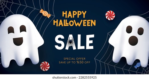 Happy Halloween Sale promo banner with cute ghosts, candy, spider and spider web. Vector background for sale, discount, holiday, voucher, party, flyer, social media, website, 3d, realistic.