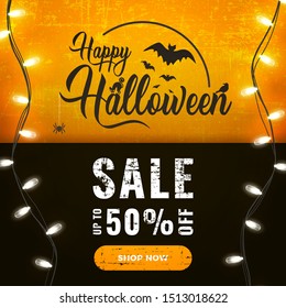 Happy Halloween sale promotion banner or party invitation background with bright garland lights on dark and orange background. Suitable for website, social media or banner template