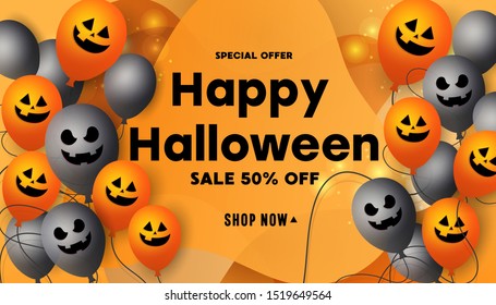 Happy halloween sale promotion banner with scary faces pumpkins, scary face air balloons and bats. Halloween website sale banner, poster or card template.