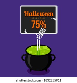 Happy halloween sale promotion banner and special discount template design decorative with human hand skeleton and poison pot, vector illustration