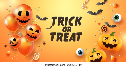 Happy Halloween sale promotion banner with scary balloons, Halloween smiling pumpkins, bats and candy on orange background. Banner template for website, brochure cover design. Vector illustration