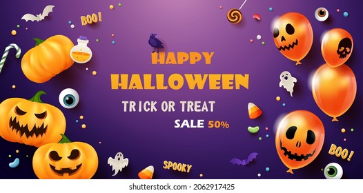 Happy Halloween sale promotion banner with scary balloons, Halloween smiling pumpkins, bats and candy on purple background. Banner template for website, brochure cover design. Vector illustration