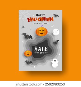 Happy Halloween sale promotion flyer or poster with paper-cutting style in yellow and dark red color. up to 50% off advertising banner template.