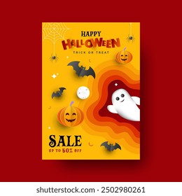Happy Halloween sale promotion flyer or poster with cute ghost, bat, and pumpkins in paper-cutting style. up to 50% off advertising banner template.