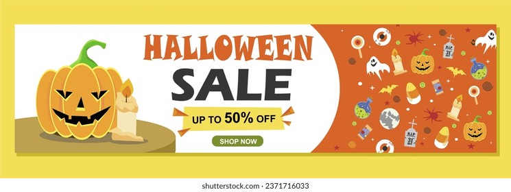 Happy Halloween Sale Promotion Poster or banner template. Design  with big Pumpkin Head, Candles, and Spooky Doodles. Suitable for Web Banner and E-Commerce Promotion. Halloween Cartoon Set