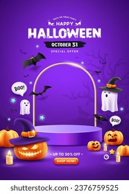 Happy Halloween sale purple podium, pumpkin with hat, ghost, candle, and bat on purple poster flyer design background, Eps 10 vector illustration
