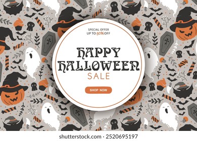 Happy Halloween sale round vector banner template with cute pumpkins in witch hat, ghost, sweets, bats, skulls pattern isolated on grey background. Illustration for poster, advertising, card