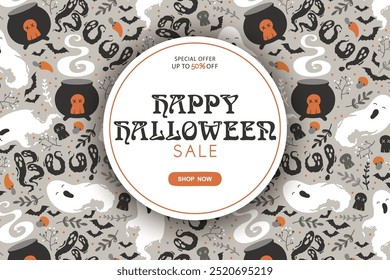 Happy Halloween sale round vector banner template with cute ghosts, witch cauldrons, bats and skulls pattern isolated on grey background. Illustration for poster, advertising, card