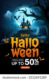 Happy Halloween sale, Scary tree, pumpkins, castle, bat flying, ghost poster design on dark blue background, Eps 10 vector illustration