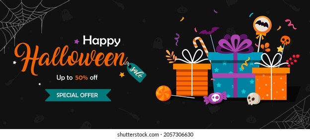 Happy Halloween Sale special offer flyer with hand-drawn lettering and holiday elements.Vector illustration. Great for a special offer, coupon, discount, holiday sale