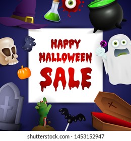 Happy Halloween sale template design with holiday symbols. Bloody text in white frame on blue background. Halloween concept. Vector illustration can be used for banner, poster, brochure