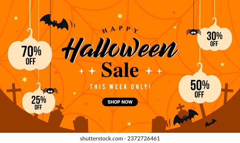 Happy Halloween sale template design vector illustration. Halloween pumpkin hanging decoration and graveyard background