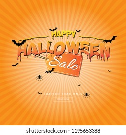 Happy Halloween sale text calligraphy banner vector design with bats spider and sale tag on sunburst background.