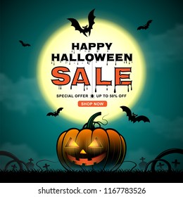happy halloween sale trick or treat banner template  pumpkin, bats, and spider web on dark night background decoration for poster, flyer, web, sticker and card vector illustration