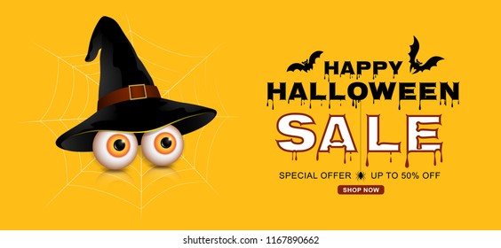 happy halloween sale trick or treat banner template eyes with witch hat, bats and spider web on yellow background decoration for poster, flyer, web, sticker and card vector illustration