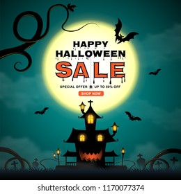 happy halloween sale trick or treat banner template haunted house, bats, haunted tree, and full moon on dark night background decoration for poster, web, sticker and card vector illustration