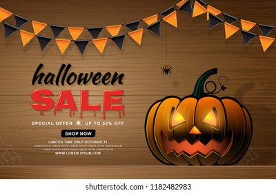 happy halloween sale trick or treat banner template pumpkin, flags and spider web on white wooden background decoration for poster, web, coupon and card vector illustration